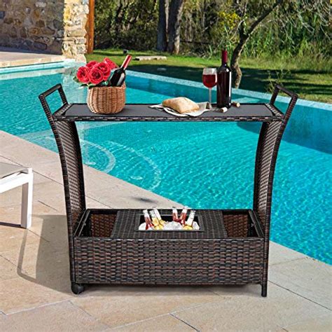 Tangkula Outdoor Wicker Bar Cart Patio Wine Serving Cart W Wheels And Removable Ice Bucket