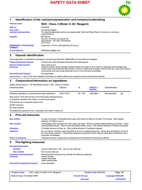 Msds English WiO - Class 3 (Water in Oil Reagent) Castrol | PDF | Waste | Waste Management