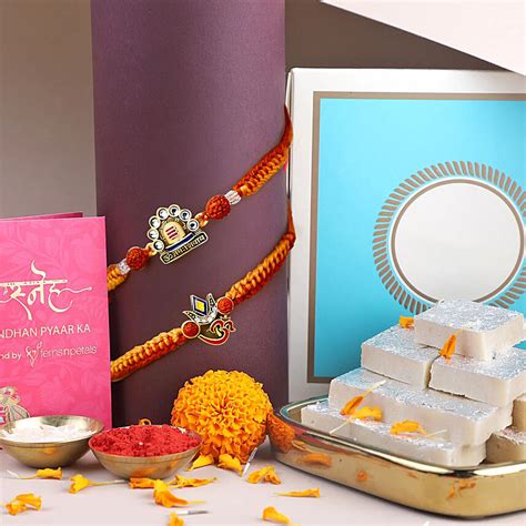 Online Om Namah Shivay Rakhi Duo With Kaju Katli Combo Gift Delivery In