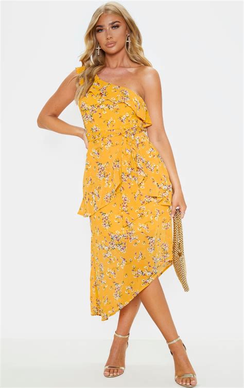 Yellow Floral Print Chiffon One Shoulder Dress Prettylittlething