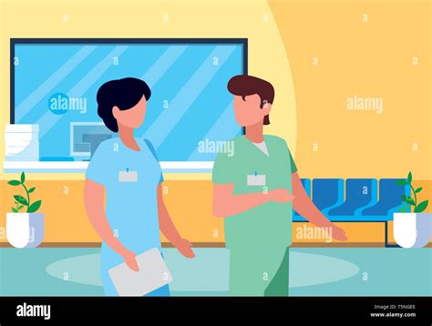 Couple Medicine Workers In Hospital Reception Vector Illustration Design Stock Vector Image