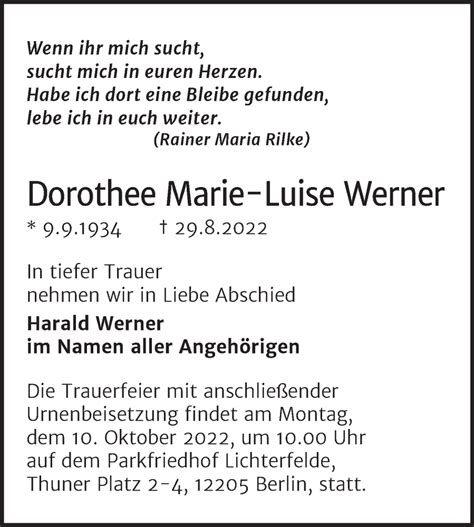 Traueranzeigen Von Dorothee Marie Luise Werner Abschied Nehmen De