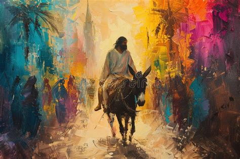 Watercolor Painting of Jesus Christ Riding a Donkey Past Palm Trees ...