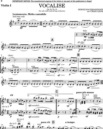 Vocalise Op 34 No 14 Violin 1 Sheet Music By Sergei Rachmaninoff