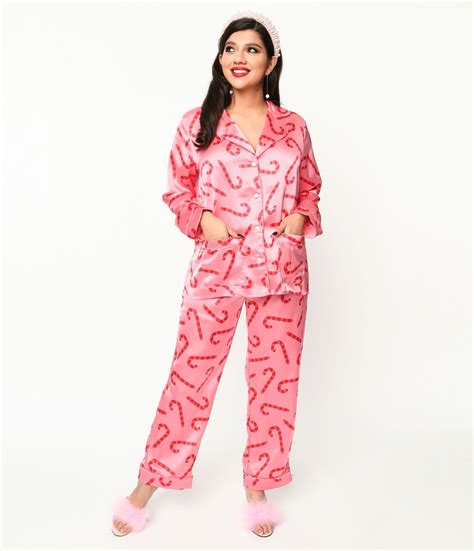 Pink Candy Cane Satin Pajama Set Unique Vintage