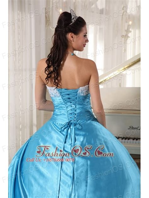 Sweet Aqua Blue Quinceanera Dress Strapless Taffeta Lace Ball Gown