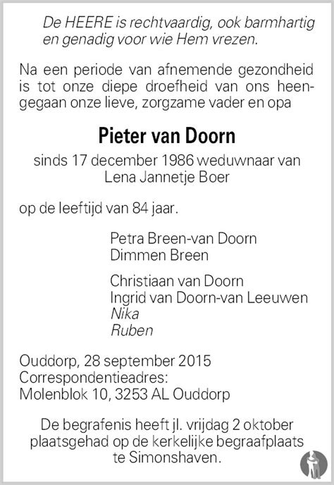 Pieter Van Doorn 28 09 2015 Overlijdensbericht En Condoleances