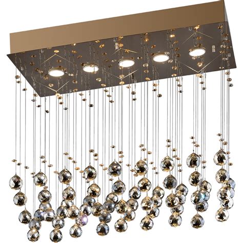 Lustre Cristal Retangular Plafon Bola Inox 3 Luzes Dourado LLUMM