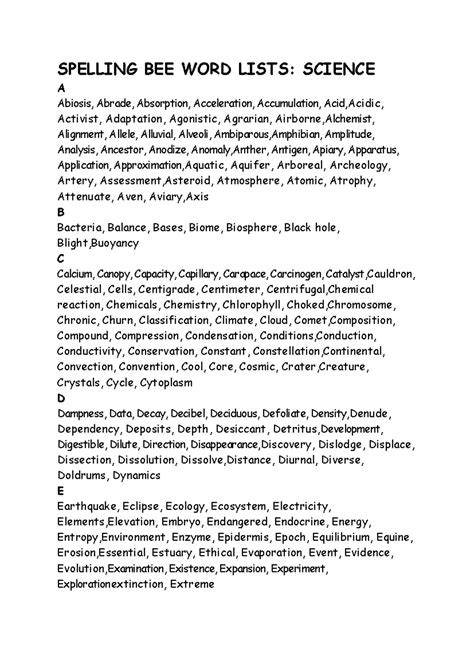 Science Spelling BEE WORD Lists - SPELLING BEE WORD LISTS: SCIENCE A