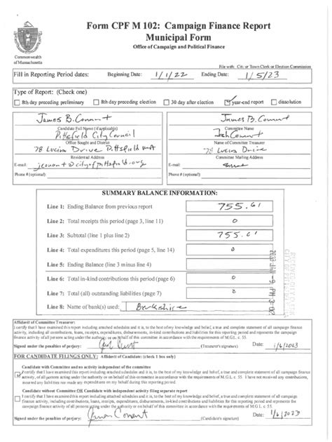 Fillable Online Fornt Cpf M Campaign Finance Report Municipal Form