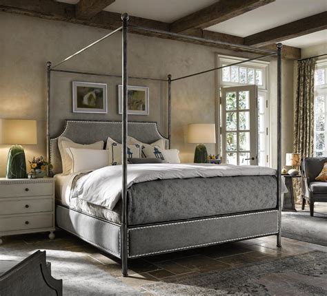 Sojourn Respite Grey Linen Upholstered King Iron Canopy Bed | Zin Home