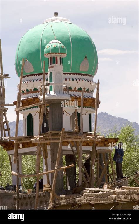 New build mosque in Leh with white and green minars Ladakh India Stock ...