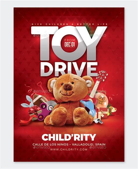 A Flyer For A Toy Drive With Teddy Bear And Other Toys On The Front Cover