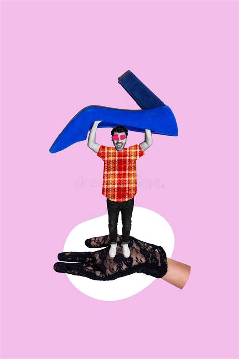 Vertical Photo Collage Of Happy Addicted Gay Stand Female Hand Glove Hold Heel Instead Eye Heart
