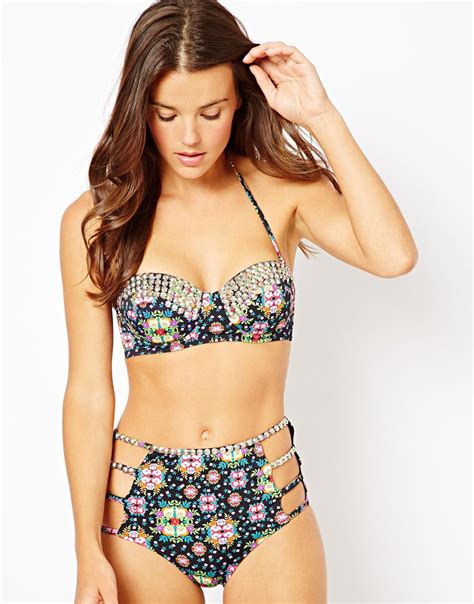 Asos Asos Floral Print Studded High Waisted Bikini Pant Lyst