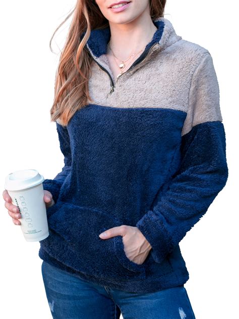 Doublju Women S Soft Sherpa Fleece Quarter Zip Pullover With Pocket With Plus Size