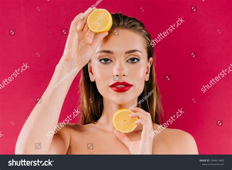 Nude Beautiful Woman Red Lips Holding Stock Photo 1564616482 Shutterstock