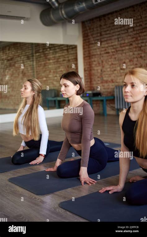 Group Of People Practicing Yoga Lesson Standing In Pigeon Pose