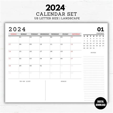 Black And White Calendar 2024 Printable Calendar 2024 Monthly Etsy