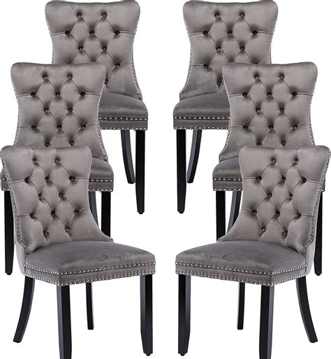 Oduse Daily Set Of 6 Grey Velvet Dining Chairs Tufted Design Wood