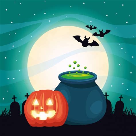 Escena Oscura De Halloween Con Caldero Y Calabaza Vector Premium