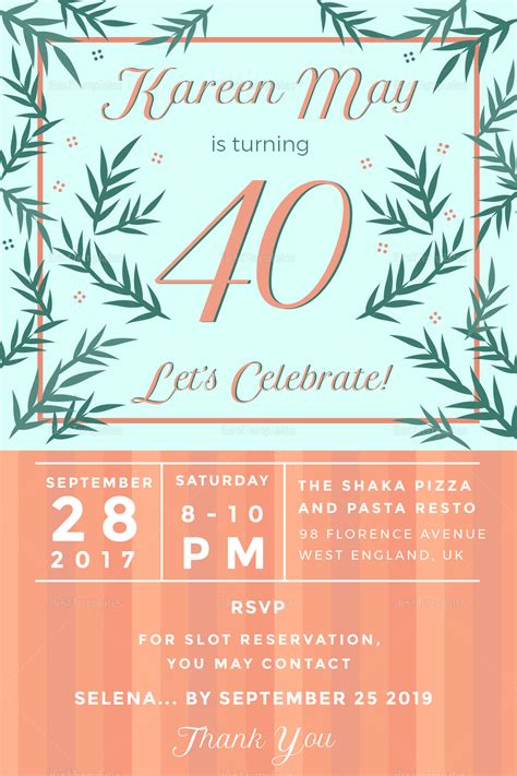 40th Birthday Invitation Design Template In Psd Word Publisher