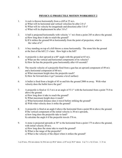 Projectile Motion Practice Problems With Answers 42 Projecti