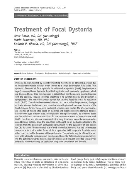 (PDF) Treatment of Focal Dystonia