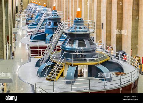 Hoover Dam power plant turbines with america flag - August 10th, 2017 - Arizona, AZ, USA Stock ...