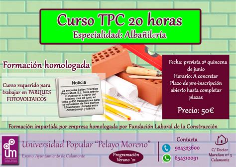 CURSO HOMOLOGADO TPC ESPECIALIDAD ALBAÑILERÍA 20 HORAS Ayuntamiento