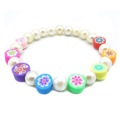 Flower Power Polymer Clay Bead Faux Pearl Bracelet Brooklyn Charm