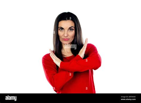 Attractive Mature Woman Wearing Red Jersey Isolated On A White Background Stock Photo Alamy
