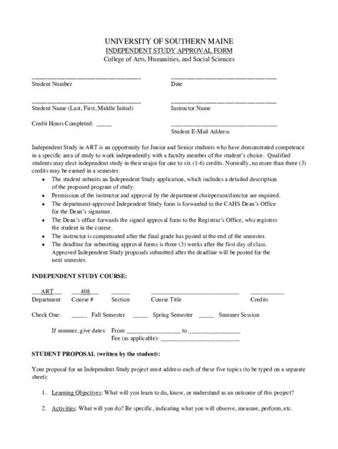 Fillable Online Usm Maine Application Form For Independent Study In Art