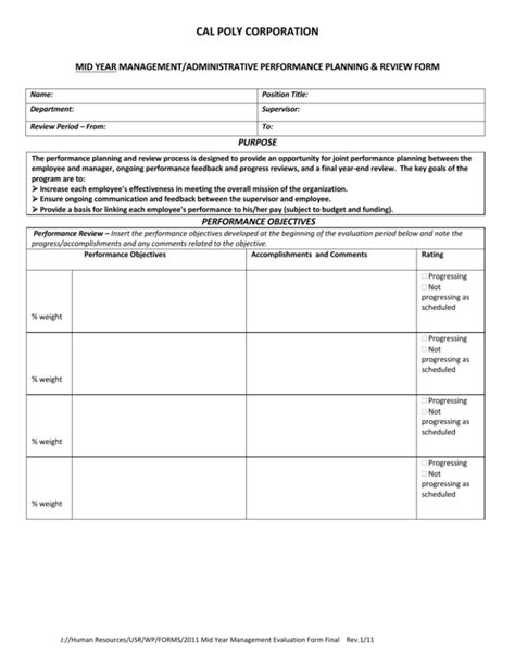 Midyear Performance Review And Evaluation Template