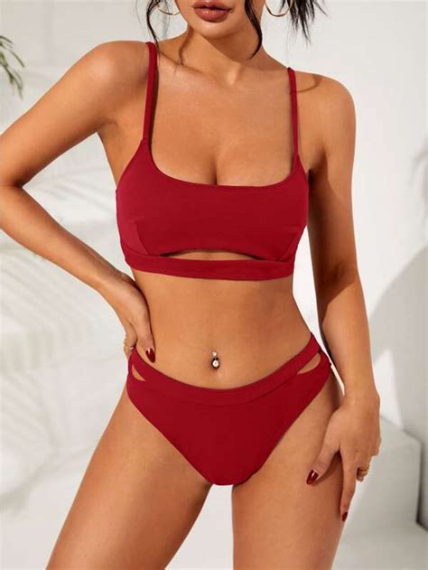 Shein Swim Basics Solid Bikini Set Cut Out Cami Bra Cut Out Bikini