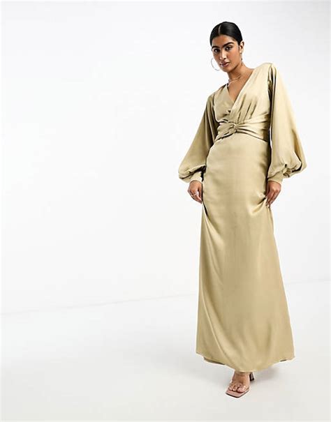 Pretty Lavish Twist Front Satin Maxi Dress In Champagne Gold Asos