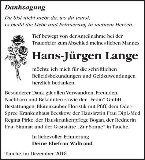 Traueranzeigen von Hans Jürgen Lange Märkische Onlinezeitung Trauerportal