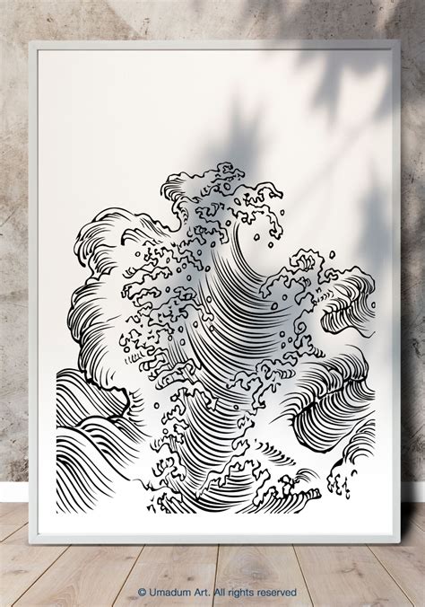 Japanese Wave Print Line Art Poster Black and White Waves Line Drawing ...