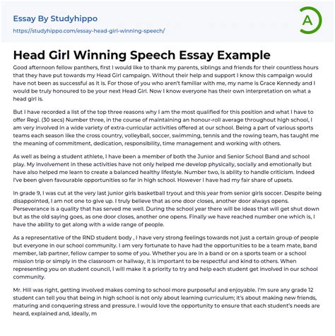 Head Girl Winning Speech Essay Example | StudyHippo.com