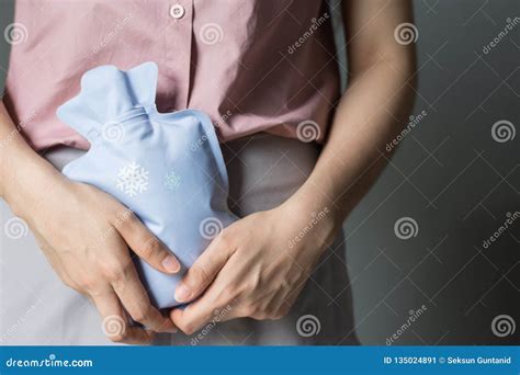 Close Up Woman Has Abdominal Pain Woman S Belly With Hot Water Bottle Close Up Woman Use Hot