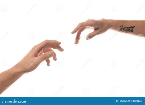 Male Female Hands Reaching Out To Each Other White Background Stock