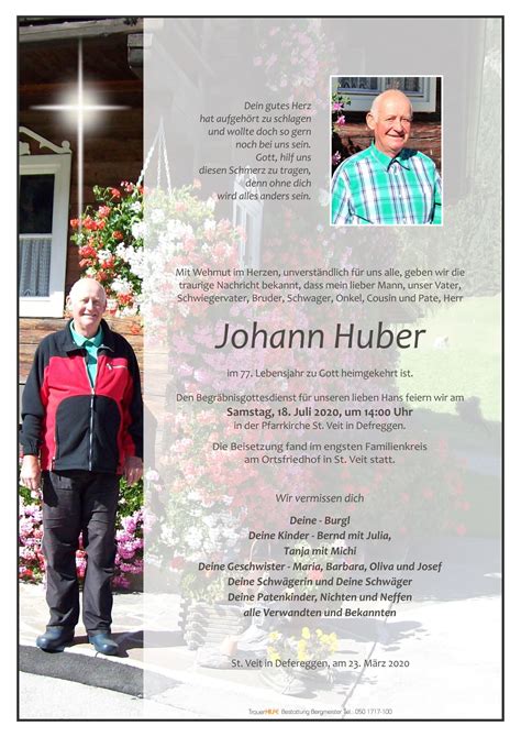 Todesanzeige Johann Huber Trauer Link