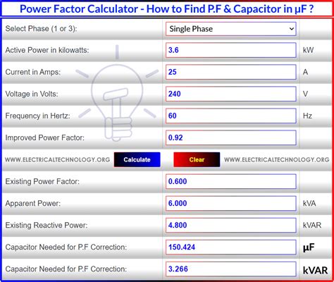 Power Factor Calculator Find P F And Capacitor In µf And Kvar