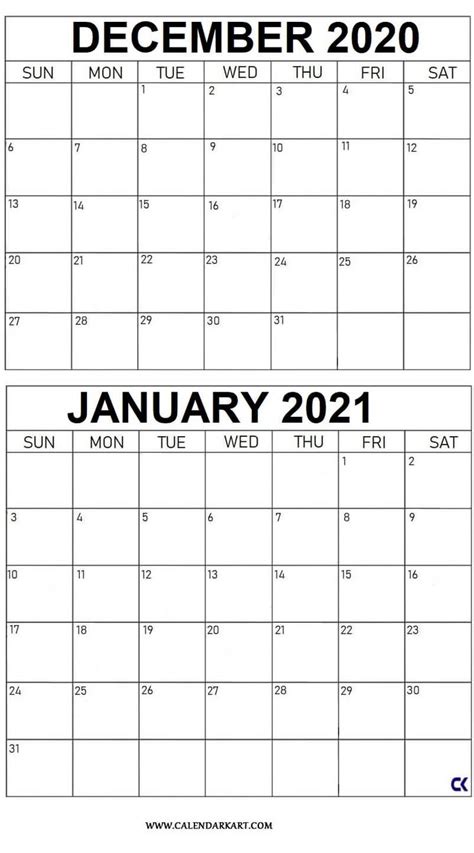 December 2020 January 2021 Calendar Sunday And Monday Start