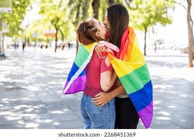 Lesbian Couple Covered Rainbow Colored Flag Stock Photo Shutterstock