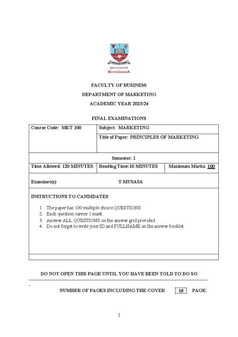 MKT 100 2024 Final Exam - Principles of Marketing Practice Questions