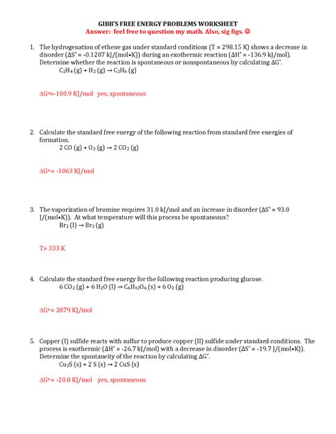 Calculations Using Gibbs Free Energy Equation Worksheet