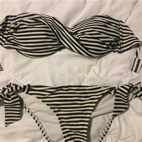 Roxy Black White Striped Strapless Bikini Set Fits Depop