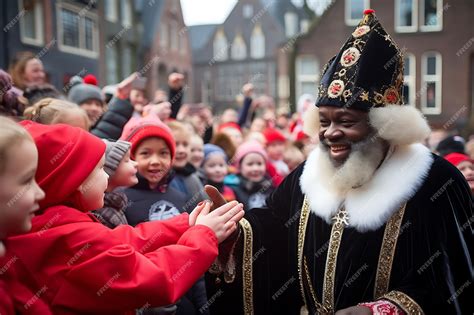 Premium AI Image | Sinterklaas and zwarte piet greeting children