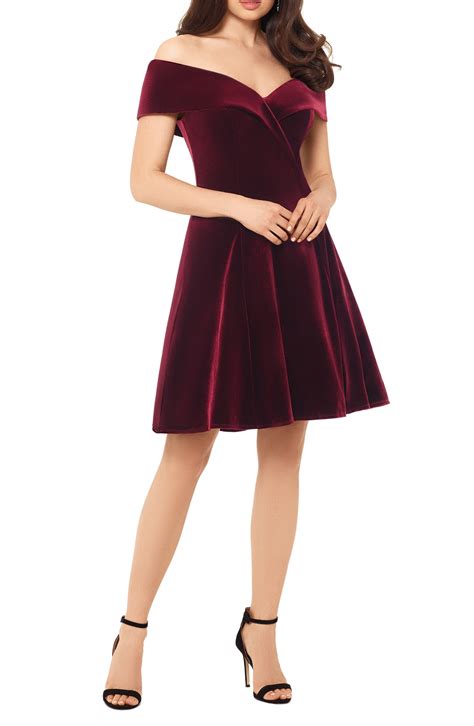 Xscape Off The Shoulder Velvet Party Dress In Burgundy Red Lyst